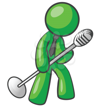 Royalty Free Clipart Image of a Green Man With a Microphone