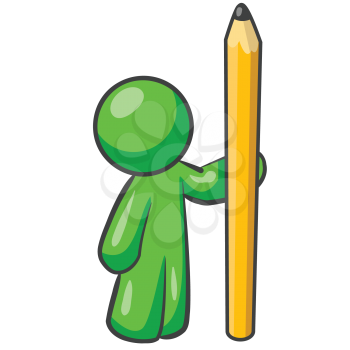 Royalty Free Clipart Image of a Green Man Holding a Pencil