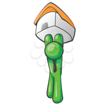 Royalty Free Clipart Image of a Green Man Holding a House Over His Head