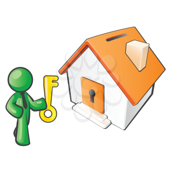 Royalty Free Clipart Image of a Green Man With a Key and a Small House