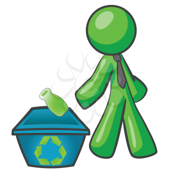 Royalty Free Clipart Image of a Green Man Throwing a Bottle in a Reycling Bin