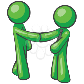 Royalty Free Clipart Image of Two Green Men Shaking Hands
