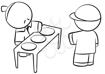 Royalty Free Clipart Image of an Asian Man at a Table and Another Man Pointing