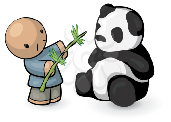 Royalty Free Clipart Image of a Man Feeding a Bamboo Stalk to a Panda