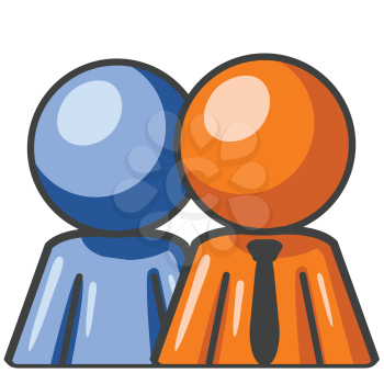 Blue and orange man standing side by side as a team. 