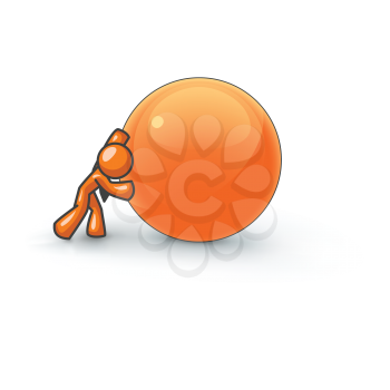 An orange man pushing a large ball, expending much effort.