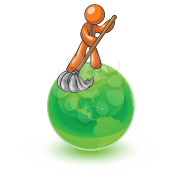 An orange man on top of the earth cleaning it up. 