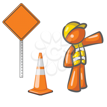An orange man construction worker motioning traffic with construction elements.  