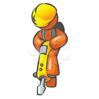 Orange man construction worker using a jackhammer and working hard. 