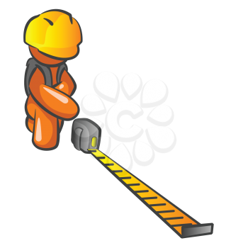 An orange man construction worker holding out a tape measure and measuring something on your design. 