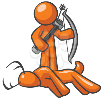 Orange Man standing behind a dead deer with his bow and arrow. 