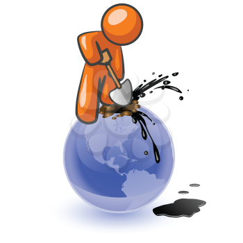 An orange man aggressively digging for oil on top of the globe. See the aweful mess of the earth he is making!