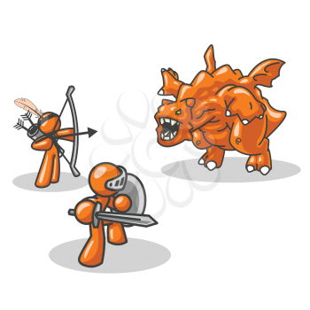 Two orange men fighting  a dragon. A cute concept that can represent how to approach a challenge or the size of the adversary. 