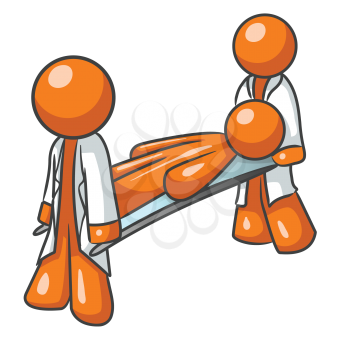 A vector illustration of an orange man being carried by two other orange men on a cot.