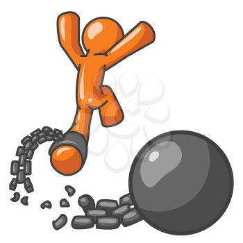 An orange man escaping from a ball and chain, which can be a good concept on breaking from a contract, divorce, or escaping adversity.