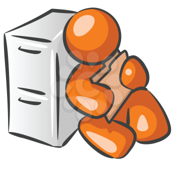 A filing cabinet with a folder and orange man accountant. 