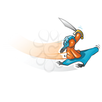 An orange man on a flying carpet swooping in from the sky with  a sword ready to attack.