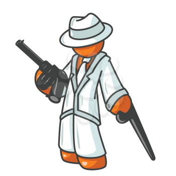 An orange man holding a tommy gun with a white suit on. Can probably be considered an old fashioned gangster.