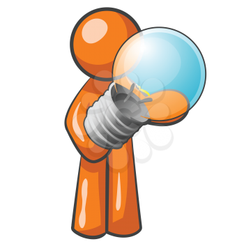 An orange man holding a light bulb. Its quite large compared to him, but he obviously wants to state he has a good idea. 