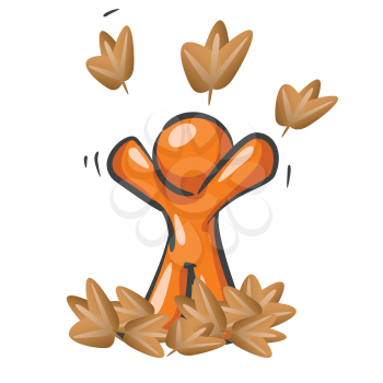 An orange man playing happily in the leaves, throwing them in the air. 