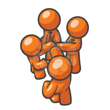 Four orange men joining hands to signify teamwork and being in on a deal together.