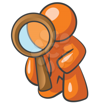 An orange man looking through a large magnifying glass toward the viewer. 