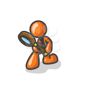 An orange man detective looking down on his work through a magnifying glass. 