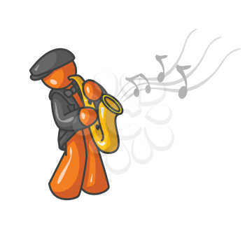 An orange man playing the saxaphone with musical notes flowing into the air. 