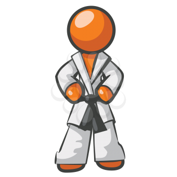 An orange man standing up straight ready for Karate action. 