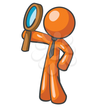 An orange man looking up through a magnifying glass. He must be an intelligent quality inspector!