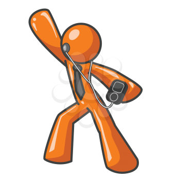 An orange man dancing while listening to an MP3 player. The MP3 Player is generic. 