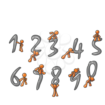Orange men interacting with the numbers 0-9.