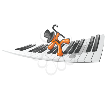 An orange man dancing accross a piano as an abstract concept in musical enjoyment.