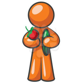 An orange man holding fruits and vegetables. 