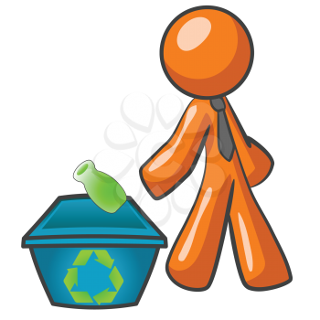 An orange man throwing a green bottle into a recycling bin. 