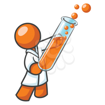 An orange man scientist holding a test tube with bubbles coming out of it. It might be orange man DNA or blood. 