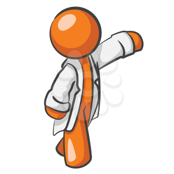 An orange man scientist gesturing at something in your design. 