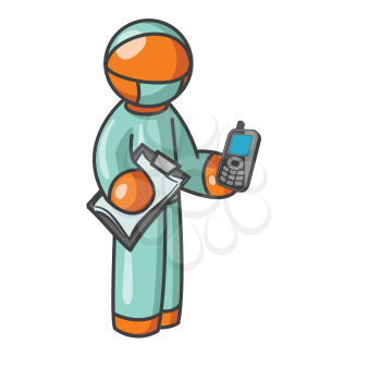 An orange man surgeon holding a cellular phone and clipboard. 