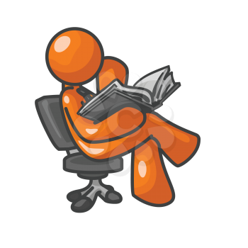 An orange man sitting down and reading on a chair. Its drawn as a side view. 