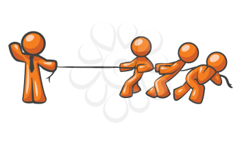An orange man holding a rope while three others pull against it, obviously no contest!
