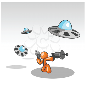 An orange man fighting off a UFO attack with a ray gun. 