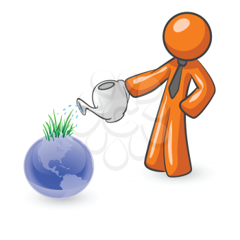 An orange man watering the earth with grass sprouting out of it as a result. 