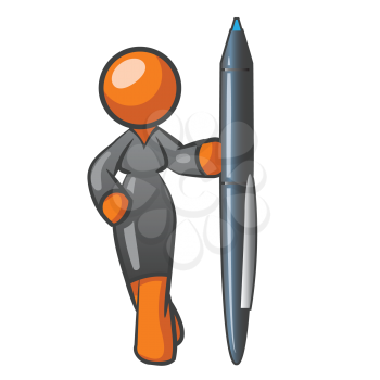 An orange woman holding a very large pen.