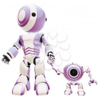 A big and small robot holding hands, the small one is staring at the viewer. 