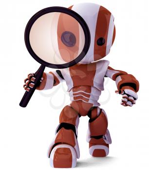A glossy robot with a magnifying glass inspecting something. A fun concept in programming and search engine optimization.