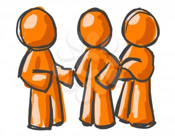 A digital sketch painting of three orange men talking among themselves.  