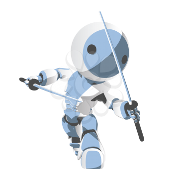 Royalty Free Clipart Image of a Blue Robot Ninja With Two Katanas
