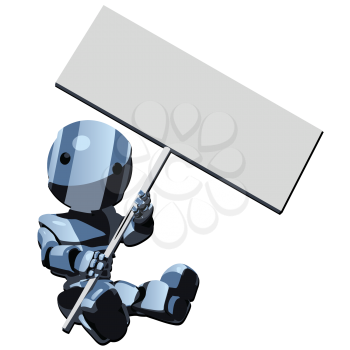 Royalty Free Clipart of a Blue Robot Sitting Holding a Sign
