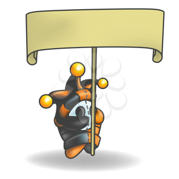 Royalty Free Clipart Image of a Jester Holding a Placard