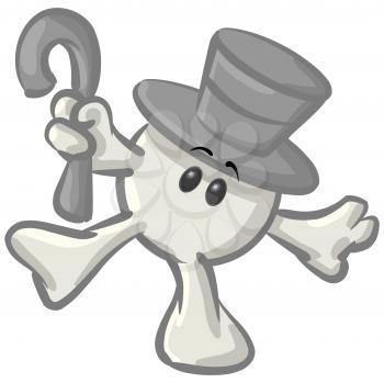Royalty Free Clipart Image of a Round Character Dancing with a Top Hat and Cane